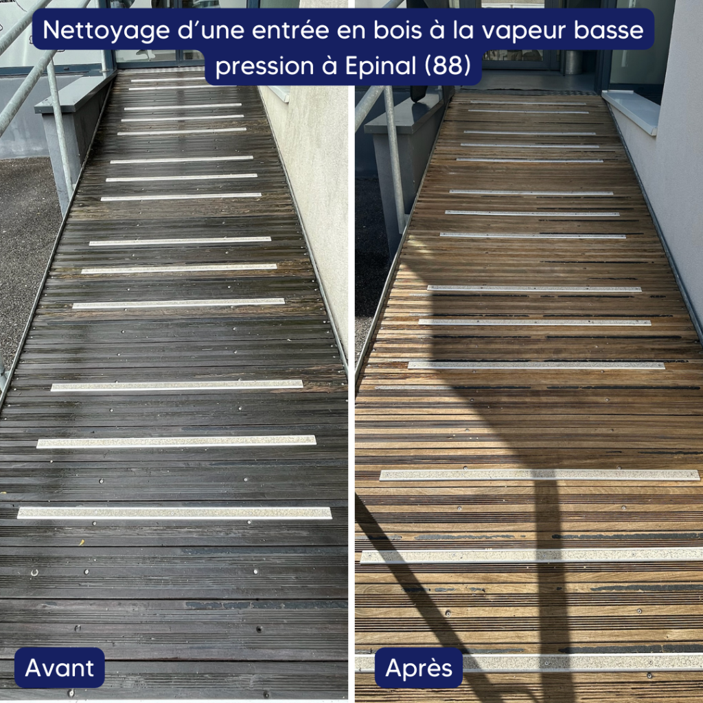 Nettoyage d'une entrée en bois et d'une façade à la vapeur basse pression à Epinal (88)