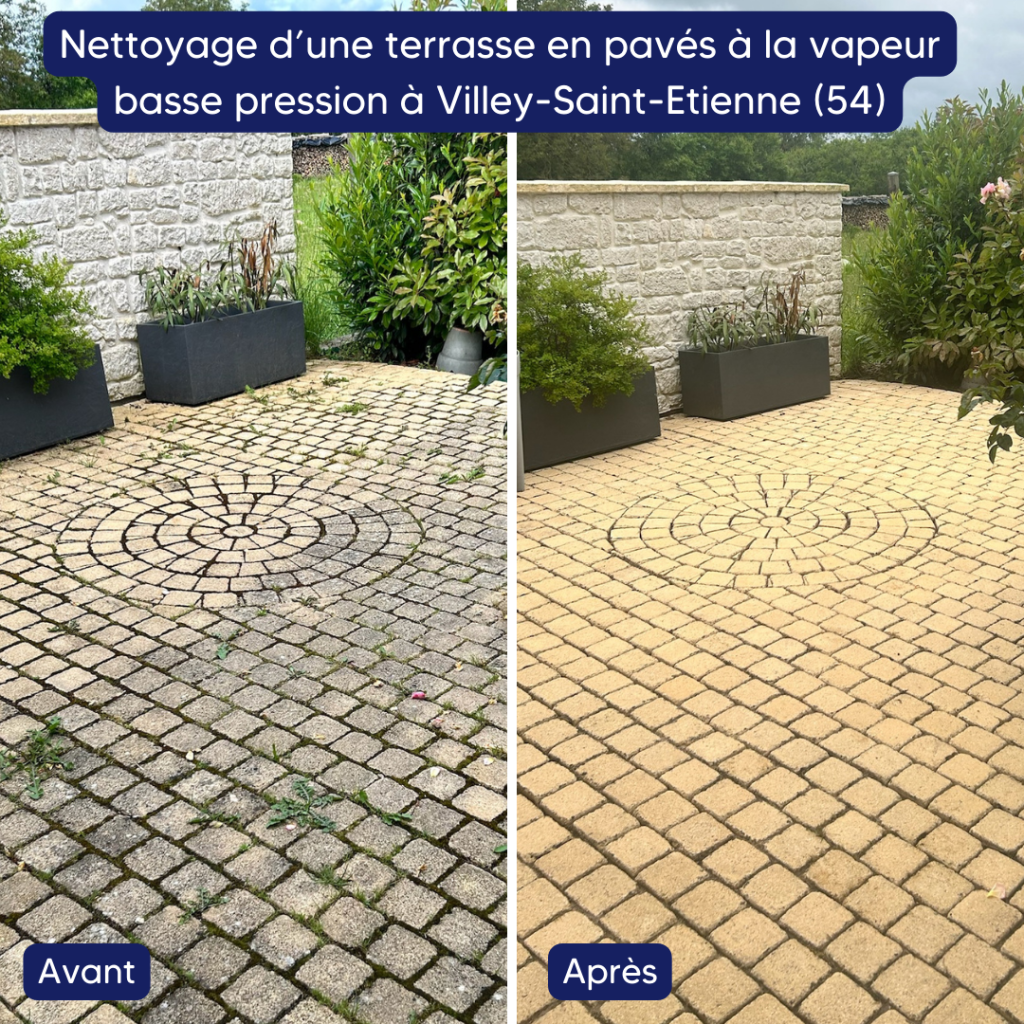 Nettoyage d'une terrasse en pavés à la vapeur basse pression à Villey-Saint-Etienne (54)